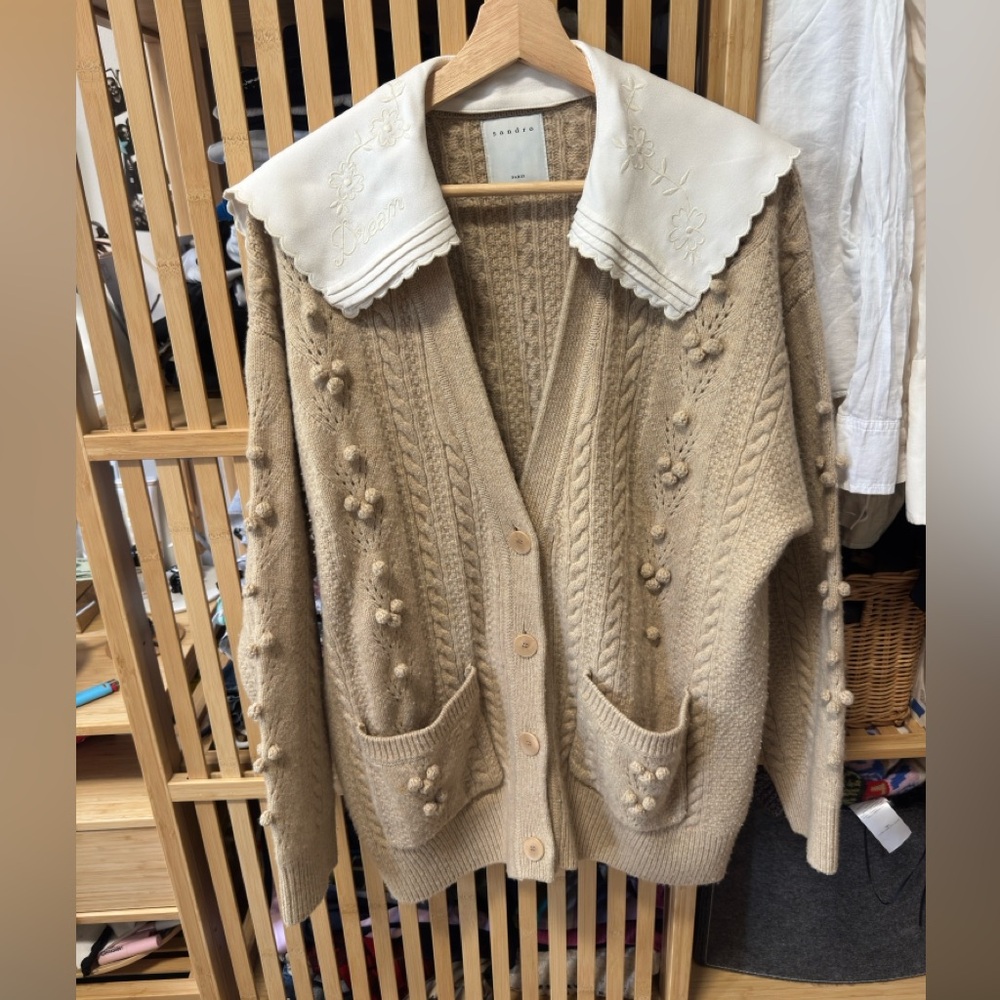 Beige Cable Knit Cardigan with Embroidered Collar